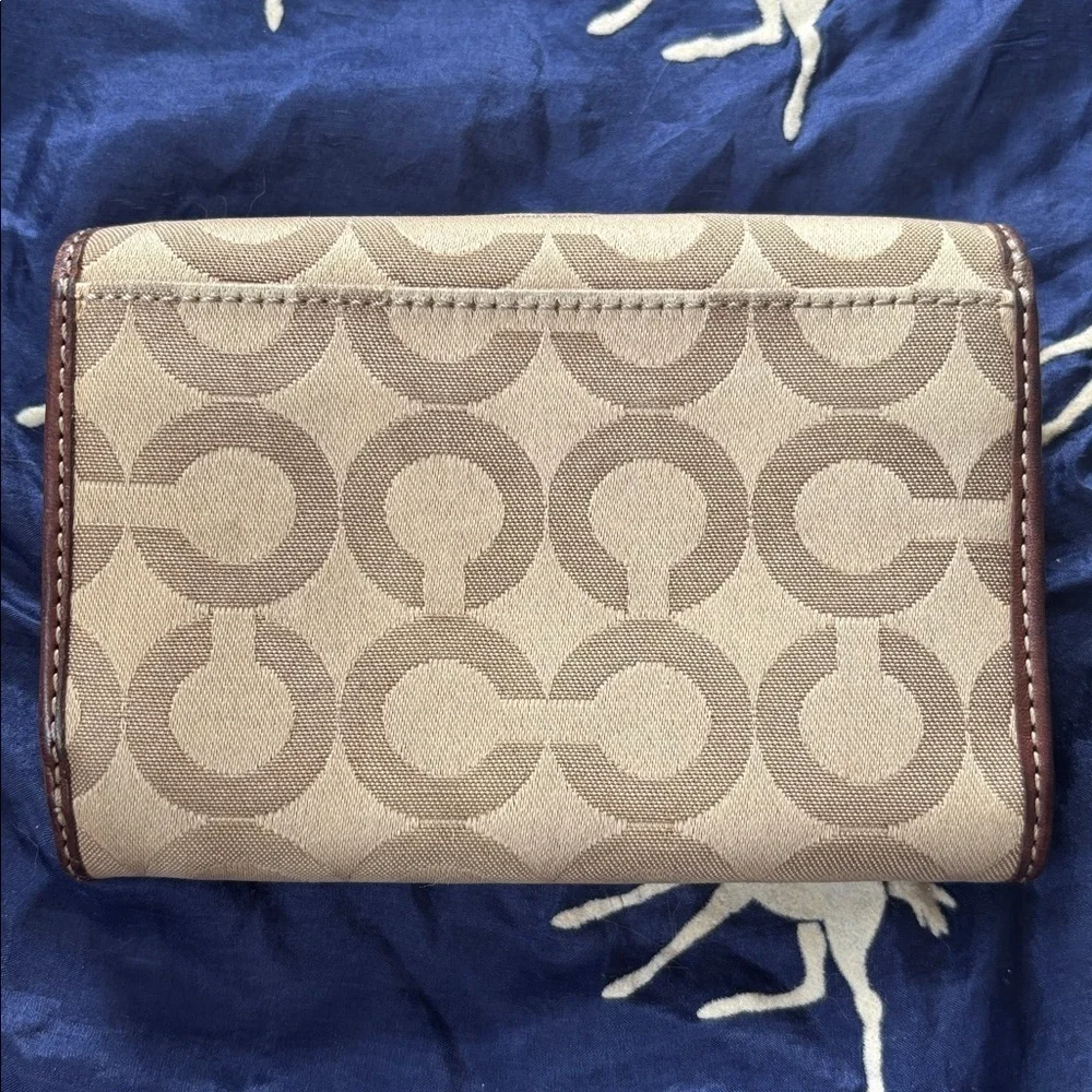 Coach Signature C Khaki Jacquard Canvas Brown Leather Trim Card Organizer Wallet